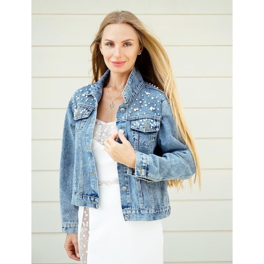 Pearl Embellished Denim Jacket with Collared Neck and Long Sleeves Size Small